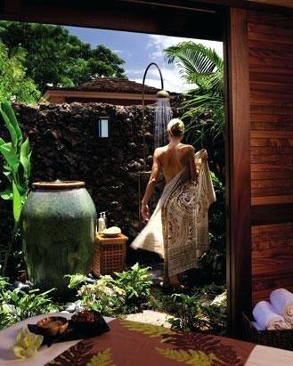 Image Source: Outdoor Shower in White Outhouse, Backyard Outdoor Shower with Yellow Curtains, Outdoor Rain Shower, Wooden Shower on Side of House,